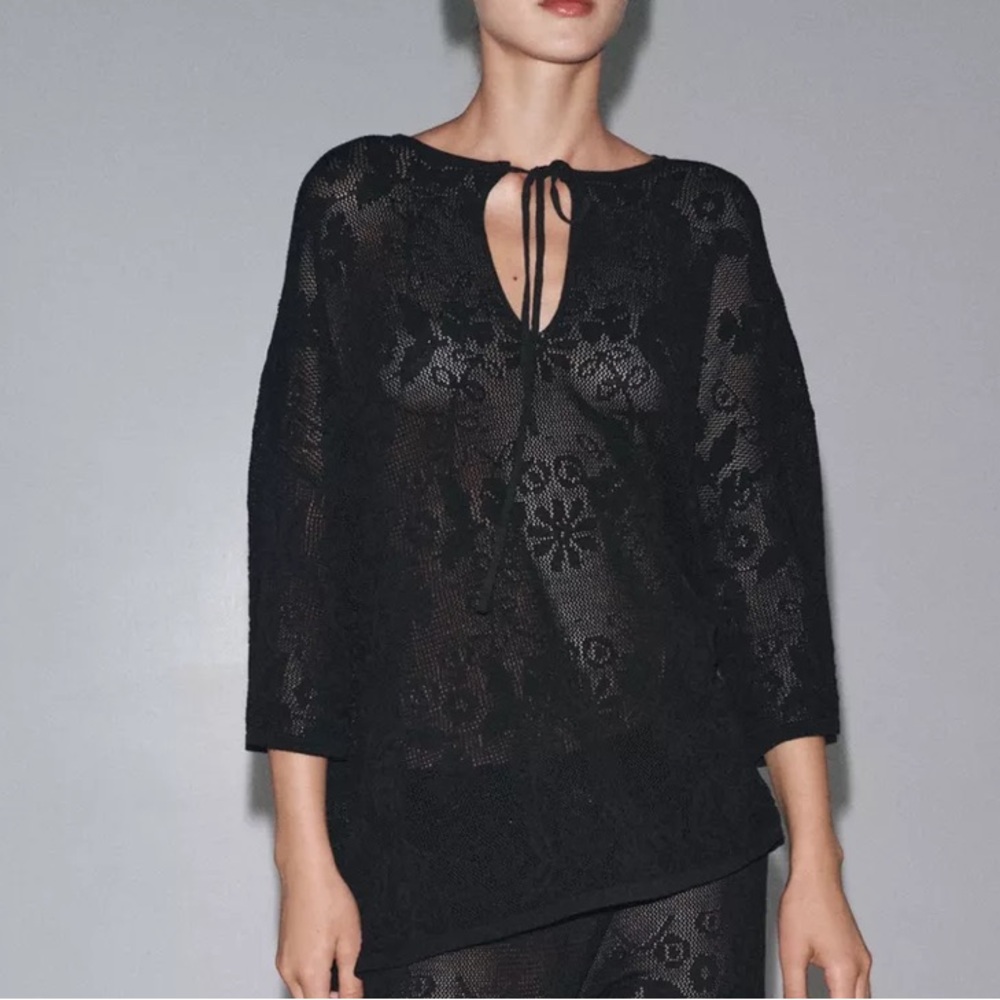 Zara NWT black oversized textured knit tunic top floral embroidery - coverup - Picture 2 of 10